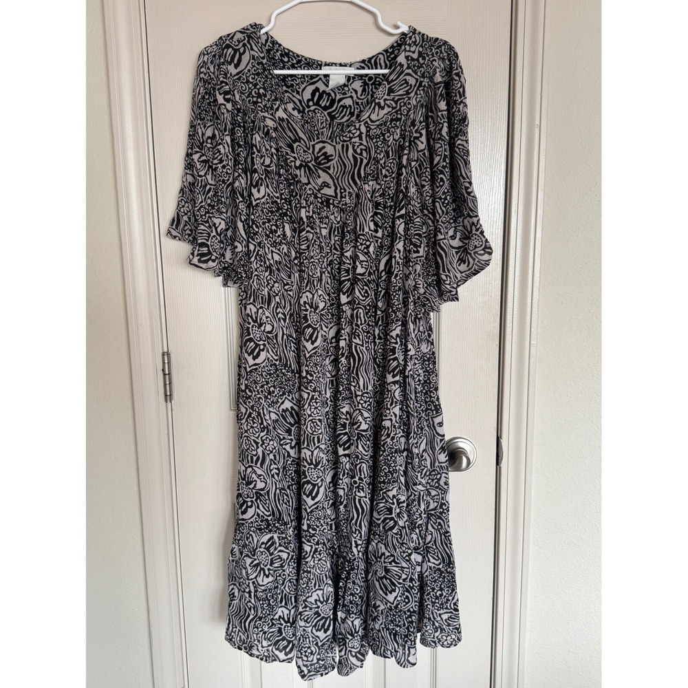 Bechamel Floral Midi Dress XL Black White Boho Rayon Flutter Sleeve Ruffle k2